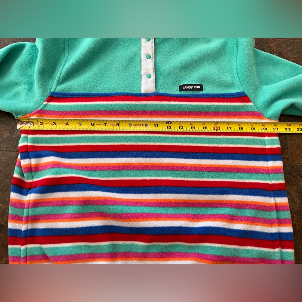 Women’s Lands’ End Heritage fleece pull over snap green striped jacket. Medium - Picture 10 of 16